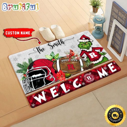 NCAA Rutgers Scarlet Knights Custom Name Grinch Christmas Edition Rubber Doormat