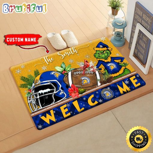 NCAA San Jose State Spartans Custom Name Grinch Christmas Edition Rubber Doormat