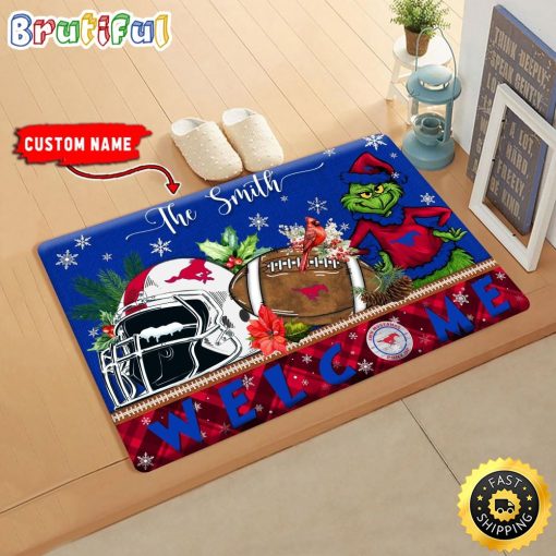 NCAA SMU Mustangs Custom Name Grinch Christmas Edition Rubber Doormat