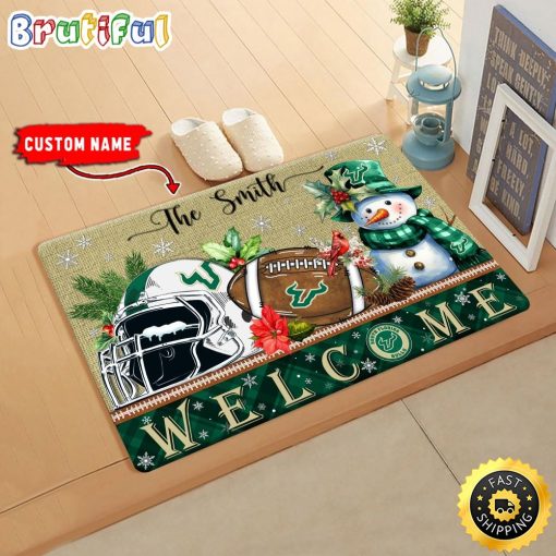 NCAA South Florida Bulls Custom Name Christmas Snowman Edition Rubber Doormat