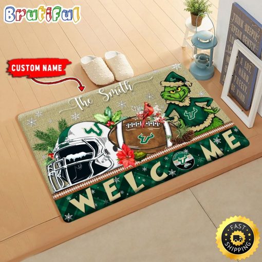 NCAA South Florida Bulls Custom Name Grinch Christmas Edition Rubber Doormat