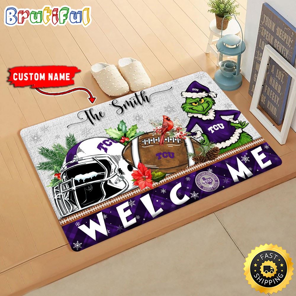 NCAA TCU Horned Frogs Custom Name Grinch Christmas Edition Rubber Doormat