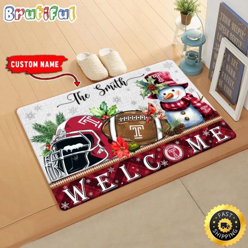 NCAA Temple Owls Custom Name Christmas Snowman Edition Rubber Doormat