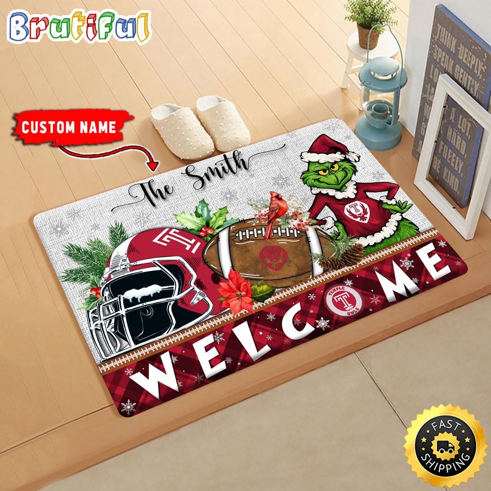 NCAA Temple Owls Custom Name Grinch Christmas Edition Rubber Doormat