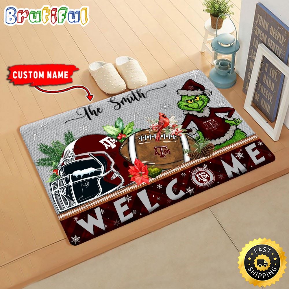 NCAA Texas A&M Custom Name Grinch Christmas Edition Rubber Doormat