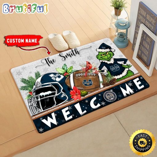 NCAA Utah State Aggies Custom Name Grinch Christmas Edition Rubber Doormat