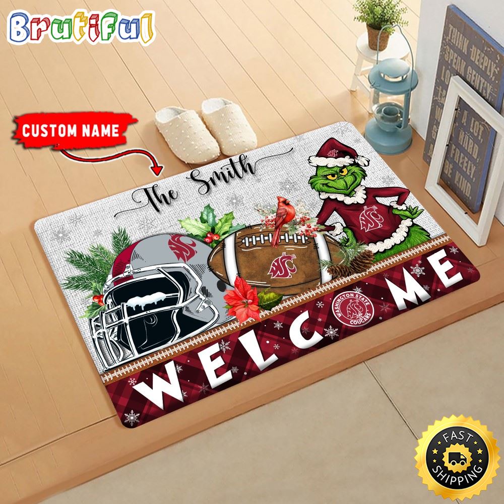 NCAA Washington State Cougars Custom Name Grinch Christmas Edition Rubber Doormat