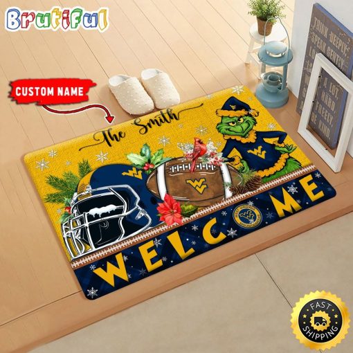 NCAA West Virginia Mountaineers Custom Name Grinch Christmas Edition Rubber Doormat